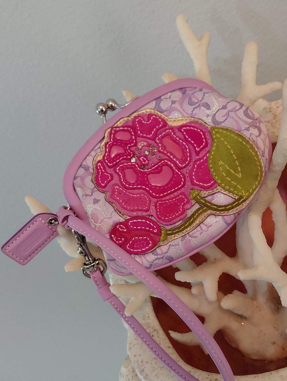 Vintage Coach Pink/purple Floral Appliqué Wristlet, Coin Pouch Bag